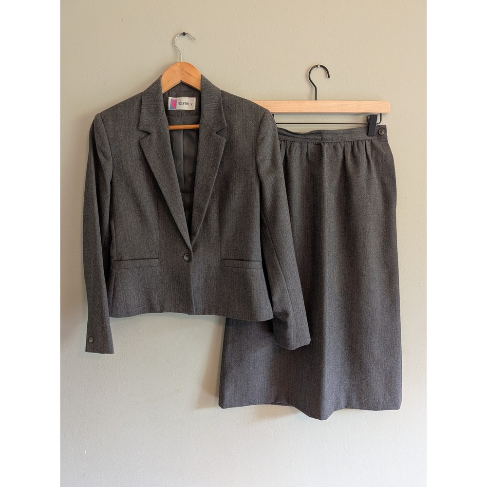 Vintage Prophecy‎ Grey Herringbone Pure Wool Skirt Suit Set 70s 80s Blazer Midi
